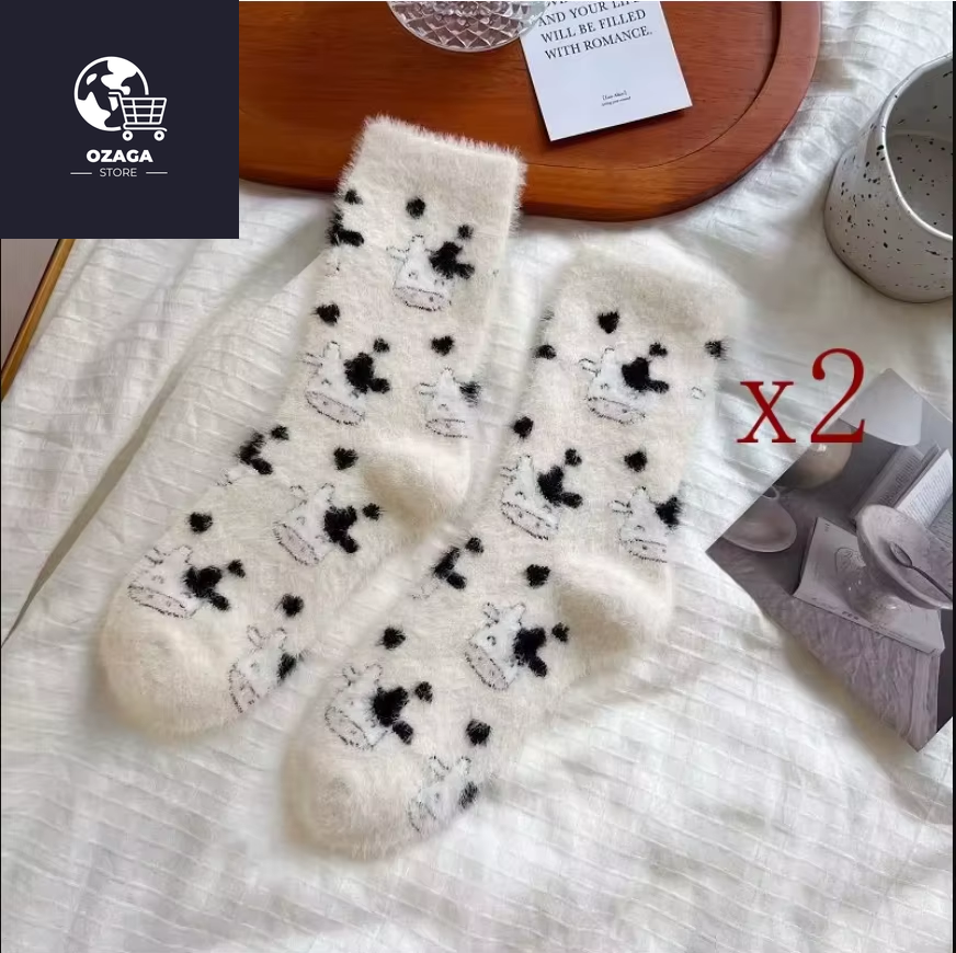2 Pairs Cute Cow Spots Print Socks, Thickened & Warm Coral Fleece Socks, Women'S Stockings & Hosiery