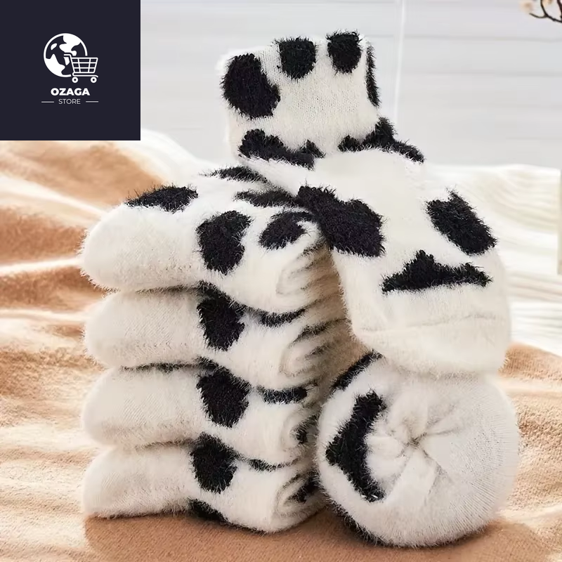 2 Pairs Cute Cow Spots Print Socks, Thickened & Warm Coral Fleece Socks, Women'S Stockings & Hosiery