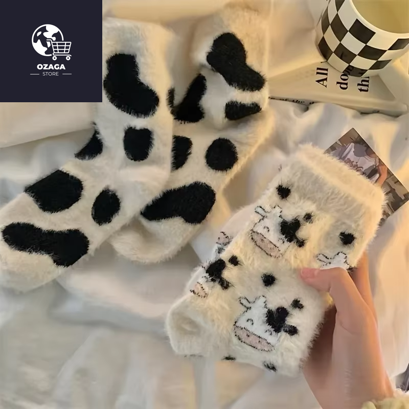 2 Pairs Cute Cow Spots Print Socks, Thickened & Warm Coral Fleece Socks, Women'S Stockings & Hosiery