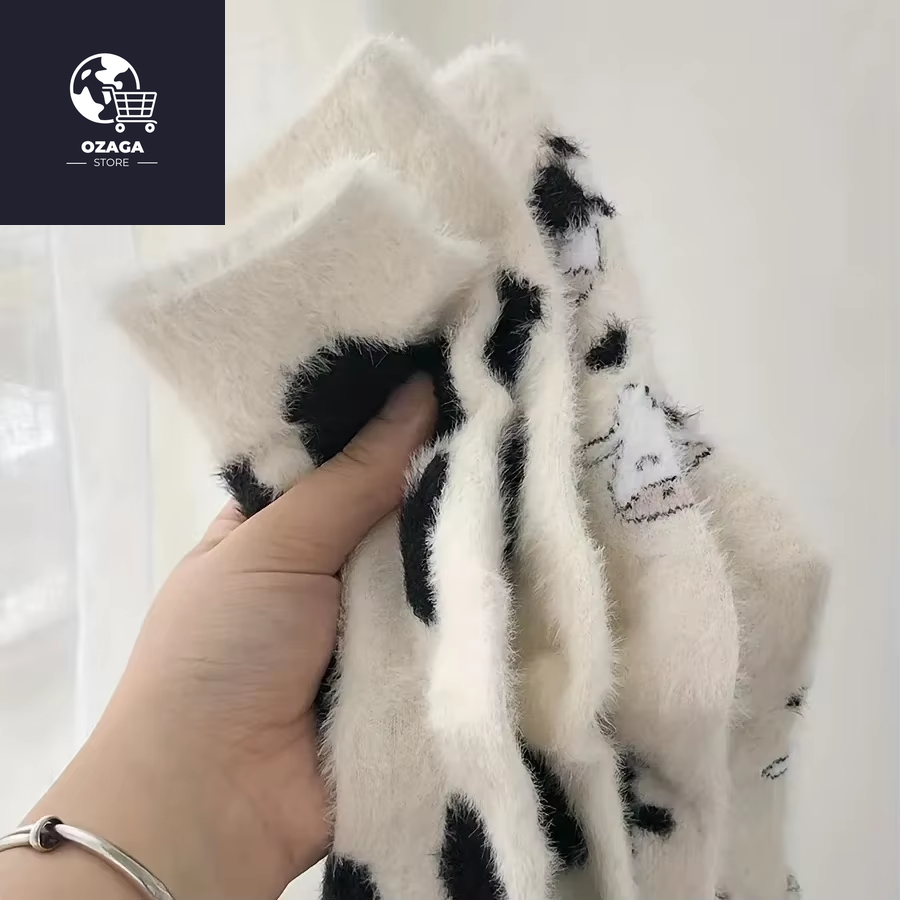 2 Pairs Cute Cow Spots Print Socks, Thickened & Warm Coral Fleece Socks, Women'S Stockings & Hosiery