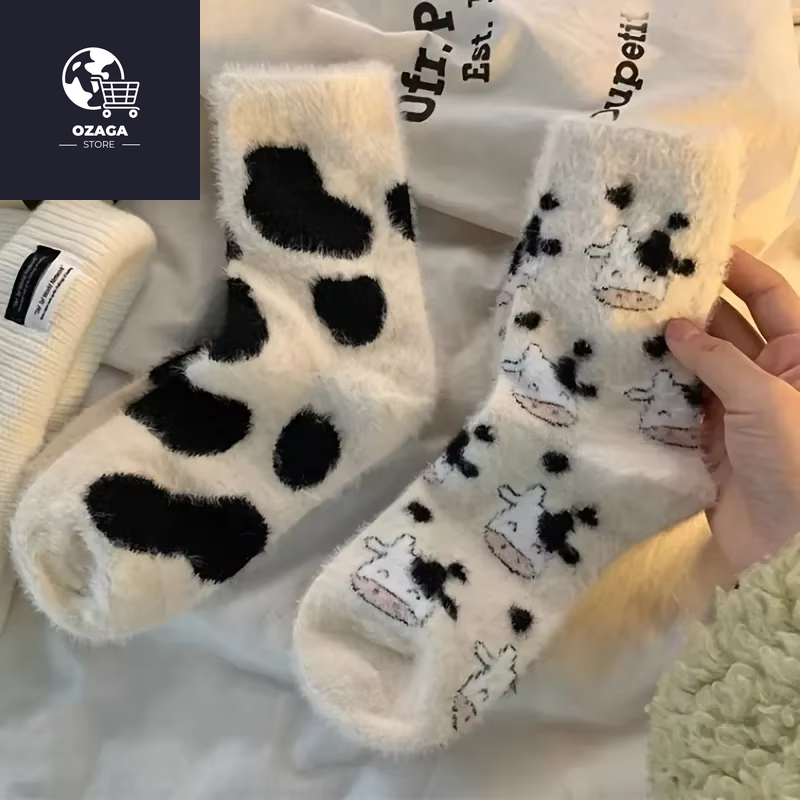 2 Pairs Cute Cow Spots Print Socks, Thickened & Warm Coral Fleece Socks, Women'S Stockings & Hosiery