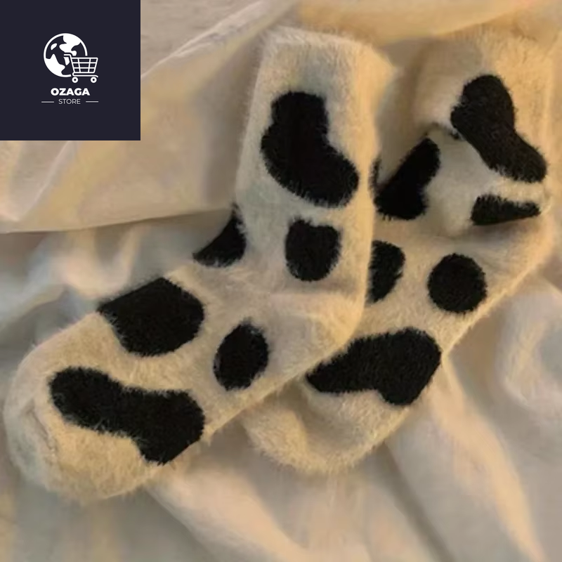 2 Pairs Cute Cow Spots Print Socks, Thickened & Warm Coral Fleece Socks, Women'S Stockings & Hosiery