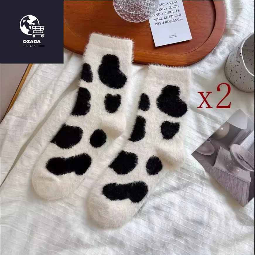 2 Pairs Cute Cow Spots Print Socks, Thickened & Warm Coral Fleece Socks, Women'S Stockings & Hosiery