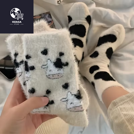 2 Pairs Cute Cow Spots Print Socks, Thickened & Warm Coral Fleece Socks, Women'S Stockings & Hosiery